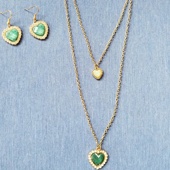💚✨Betsey Johnson Green Hearts Double-Chain Necklace & Earrings - EPC✨💚 - Picture 16 of 16